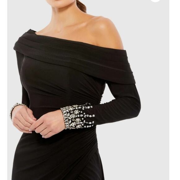 NWT Ieena MacDuggal Fold Over Collar Long Sleeve Midi Dress Beaded Rhinestone 8 - Picture 1 of 10
